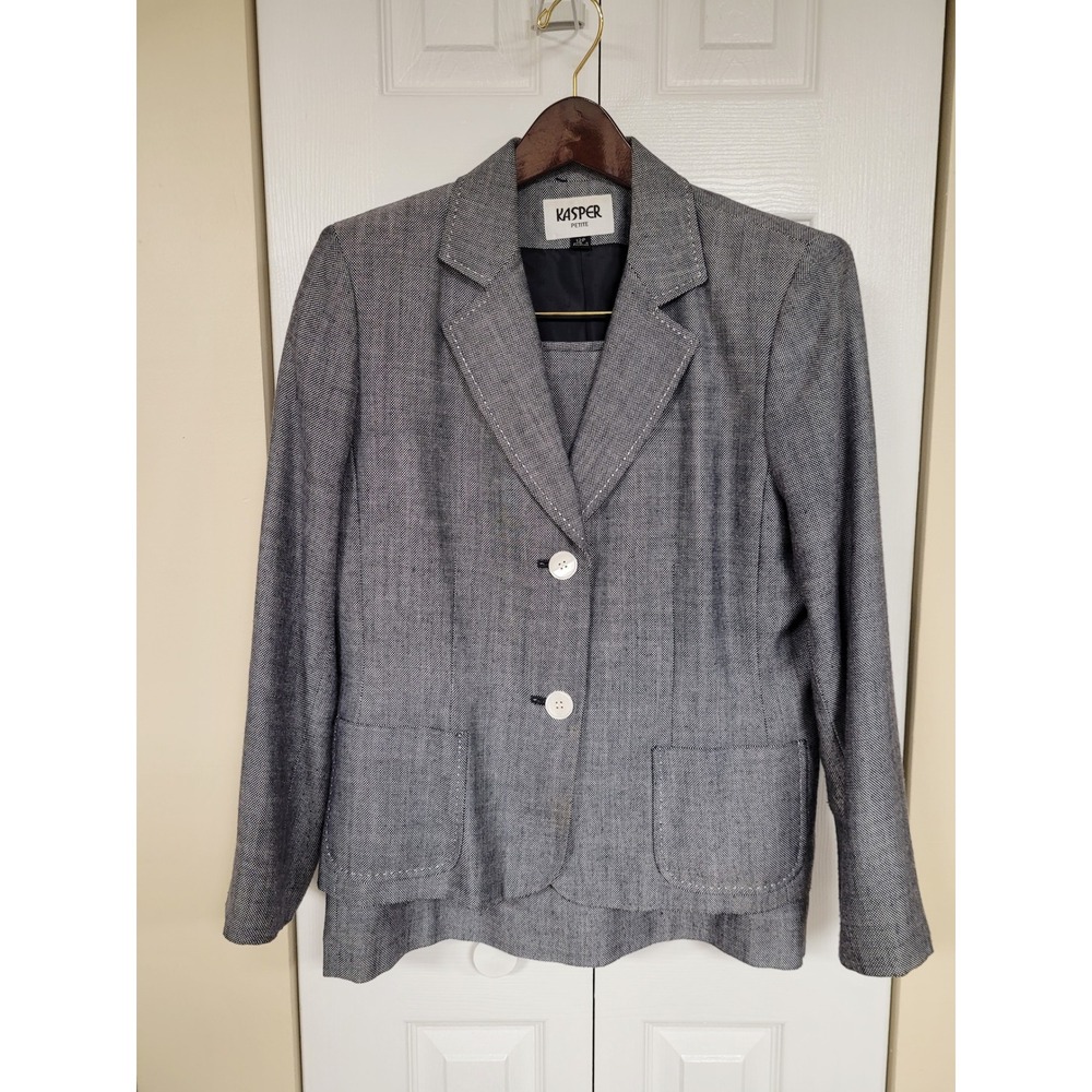 Kasper Womens Blue/White Pique Business Suit Set Skirt Blazer Button Size 12P